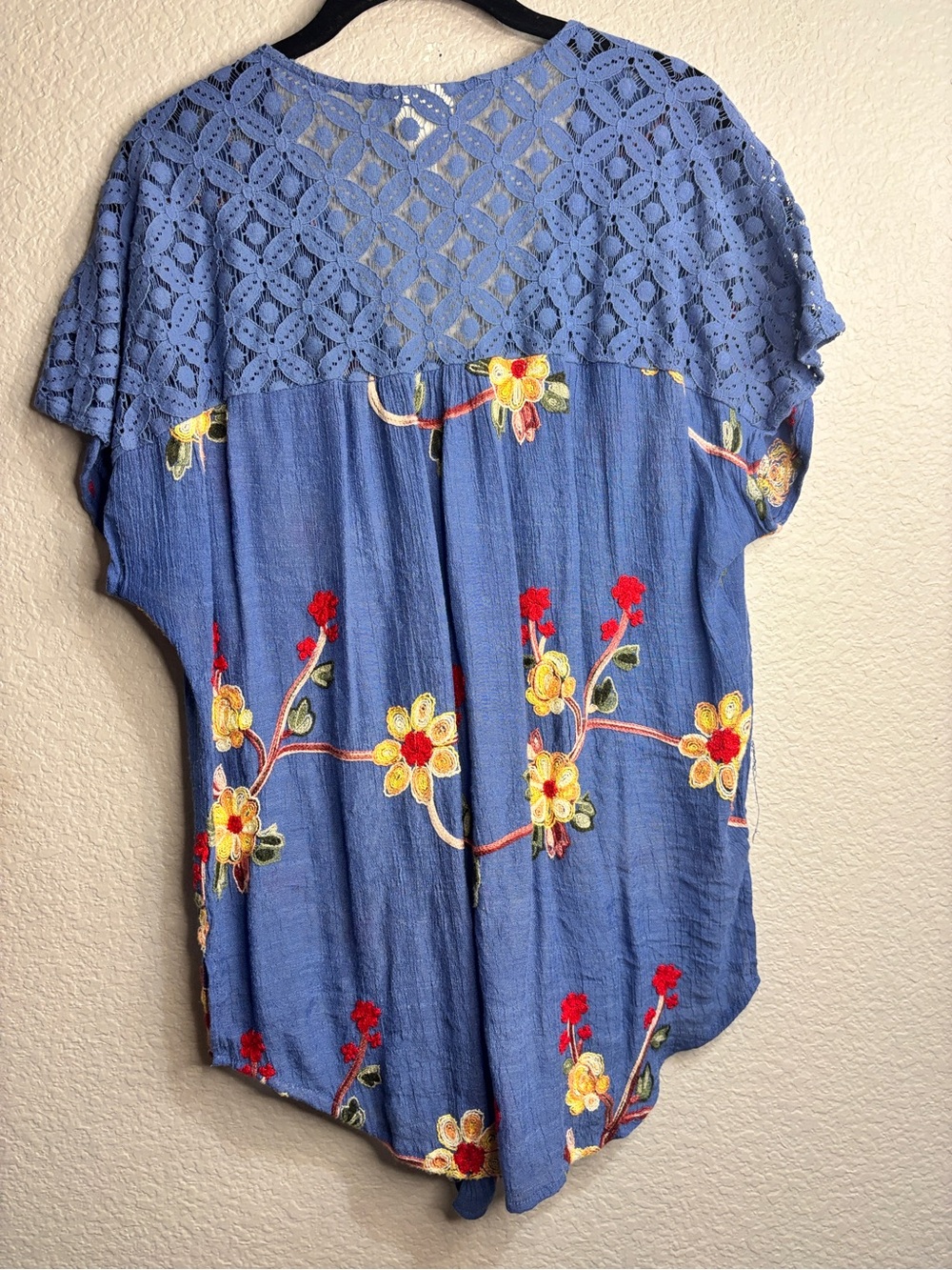 fig and flower embroidered Royal Blue Floral Button-Front Tie Top - Picture 4 of 5